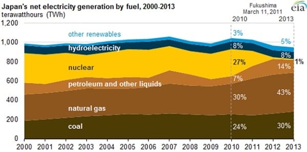 Japan net electricity generation by fuel