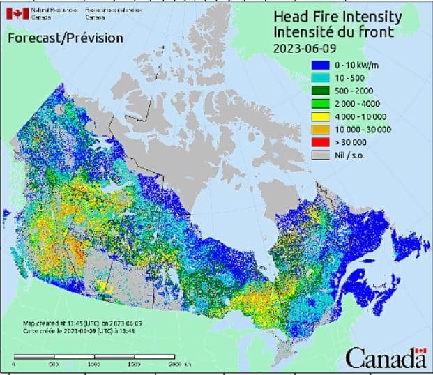 Canadian wildfires head fire intensity map