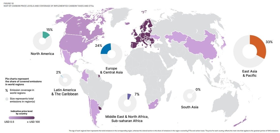 map of carbon price levels - carbon tax and ETS