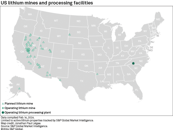 US lithium mines and processing facilities