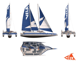 Vela wind-powered cargo trimaran